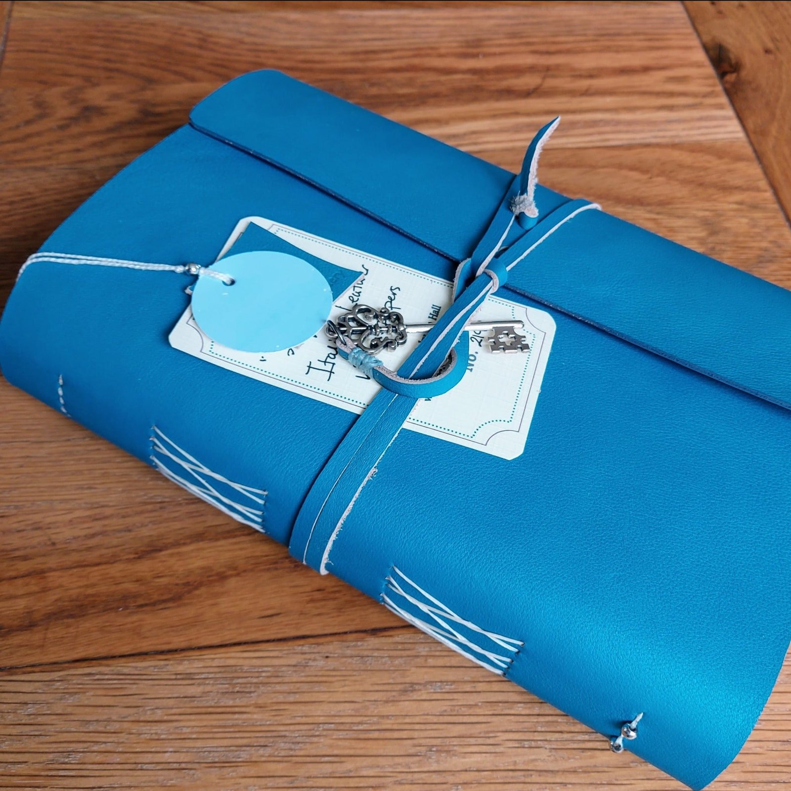 Large Leather Travel Journal, personalised, with wrap around cover, pockets and travel extras - Image 3