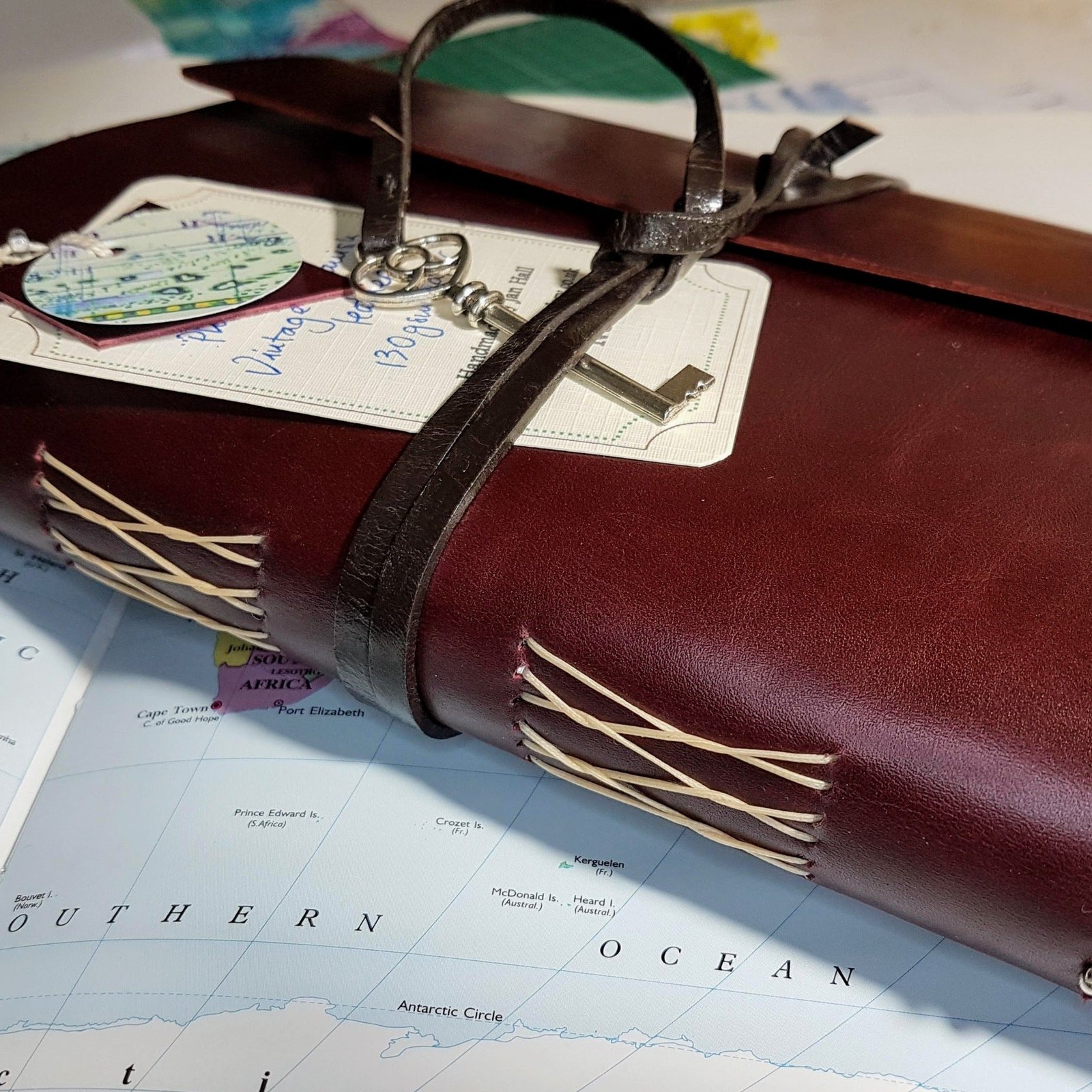 Large Leather Travel Journal, personalised, with wrap around cover, pockets and travel extras - Image 4