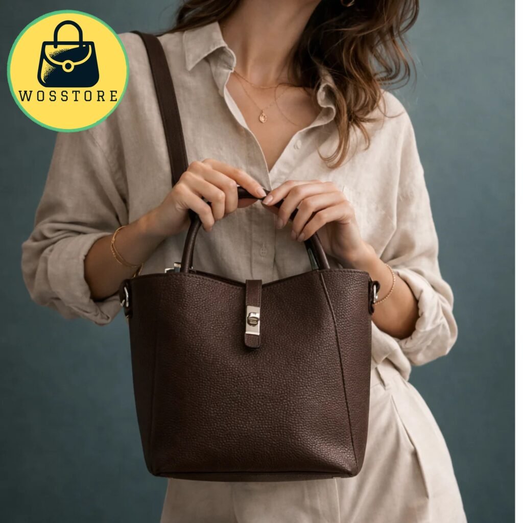 Brown Structured Bucket Bag with Detachable Pouch