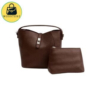 Brown Structured Bucket Bag with Detachable Pouch